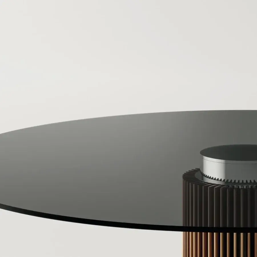 Exclusive Tonelli Design Hybrid table with a cylindrical base built in dark brown wood and metallic copper with brushed metal support and reflective dark glass