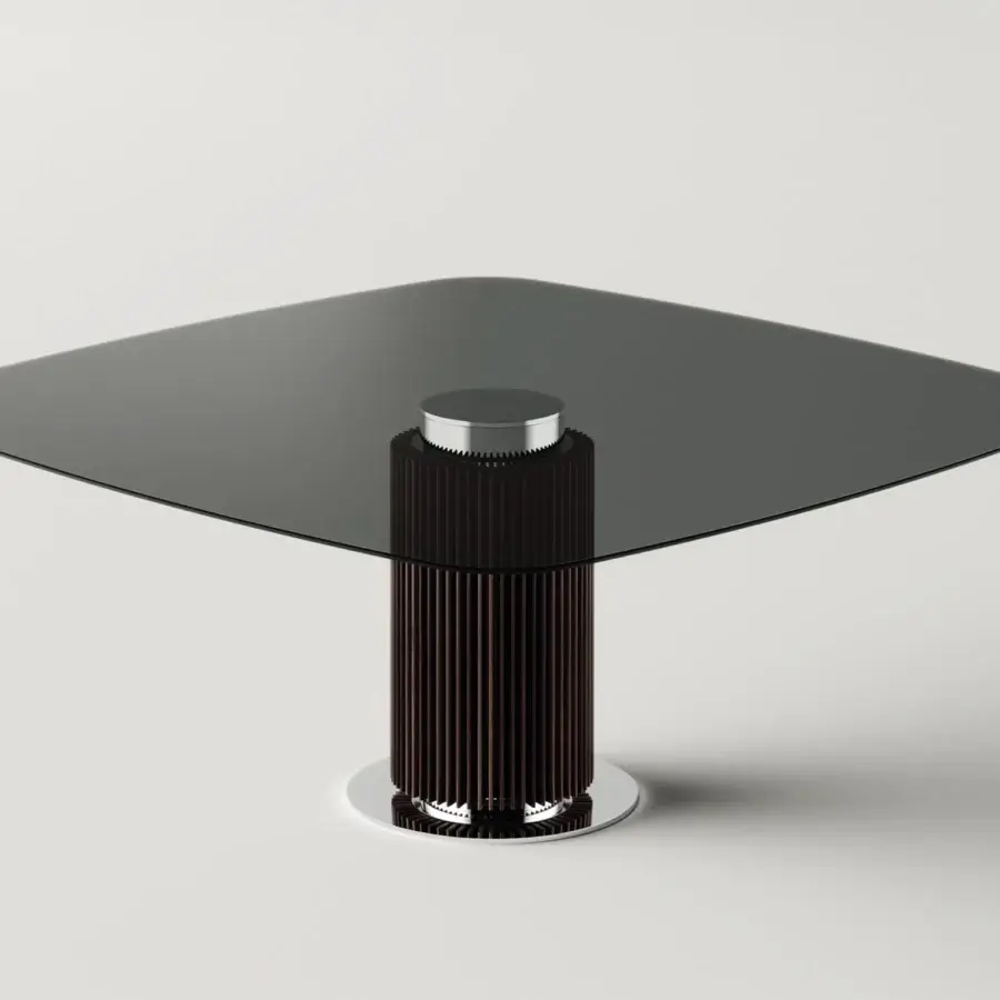 Exceptional Tonelli Design Hybrid table with dark-tinted glass and a meticulously crafted wooden base built with sleek metal rings