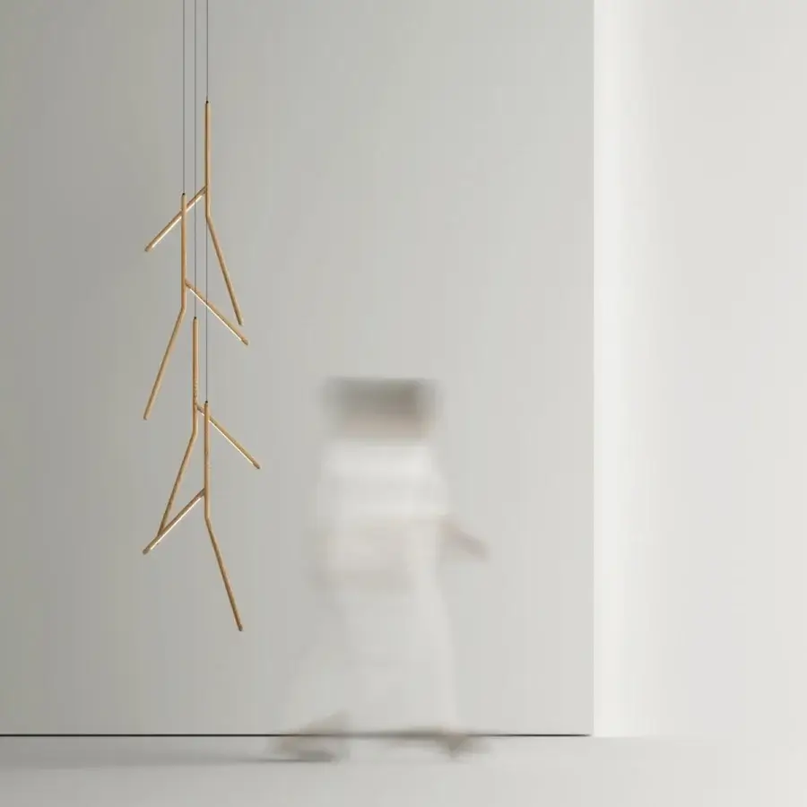 Innovative Tonelli Design Noum suspension lamp crafted in Eucalipto with warm brown tones and interconnected segments for diffused lighting