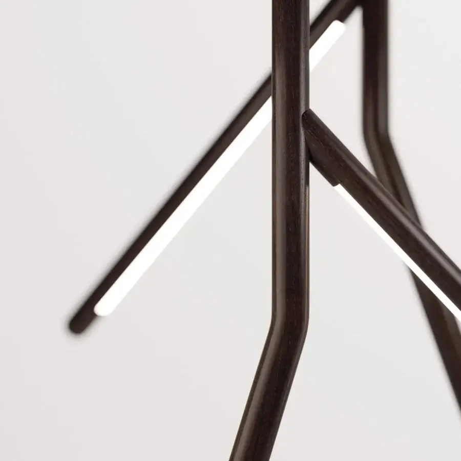 Distinctive Tonelli Design Noum suspension lamp with Siberian Ash wood and a dark brown finish emitting bright white light