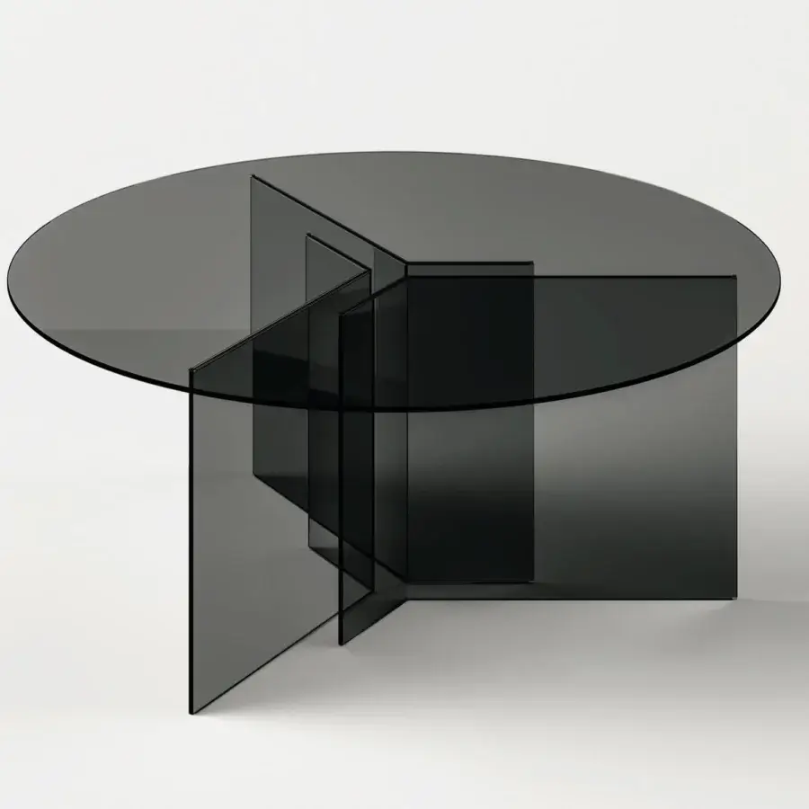 Exceptional Tonelli Design Thrim table with geometric glass base and round top in uniform gray finish