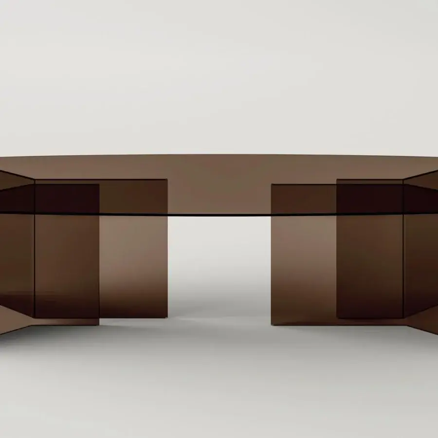 Distinguished Tonelli Design Thrim table with tinted brown glass top and geometrically angled legs crafted in glossy glass