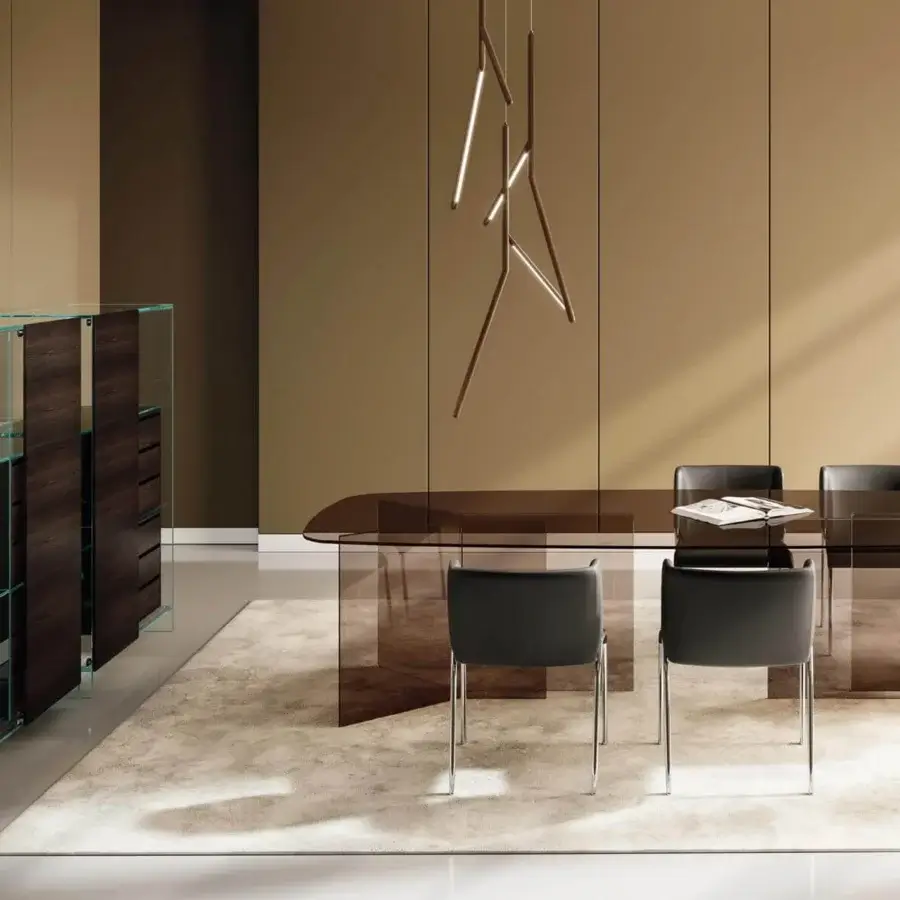 Superior Tonelli Design Thrim table with transparent glass top and base exhibiting a glossy brown tinted finish