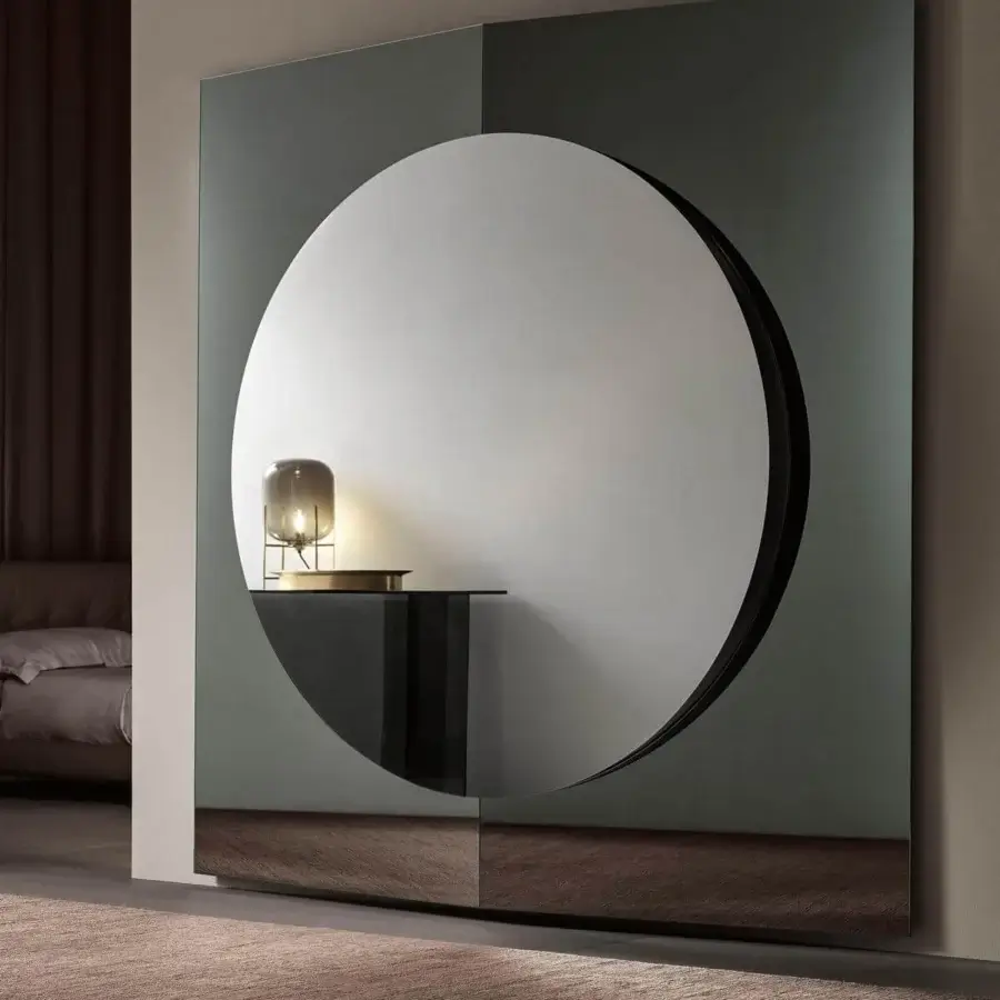 Exceptional Tonelli Design Central mirror with a square form, circular opening, and glossy muted gray finish
