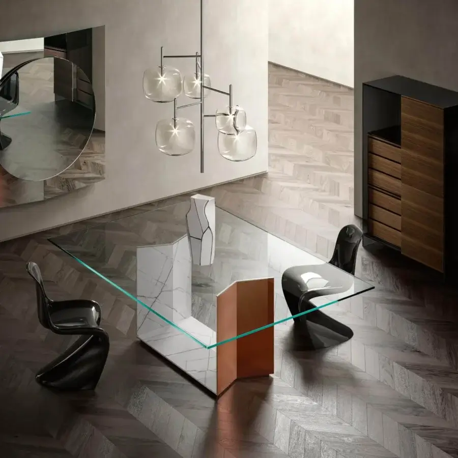 Distinguished Tonelli Design Central mirror crafted in Italy with tilted panels and a circular black-framed element in light gray, dark gray, and copper tones