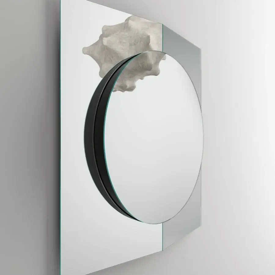 Innovative Tonelli Design Central mirror with a smoked rectangular base supporting a circular mirror framed in black