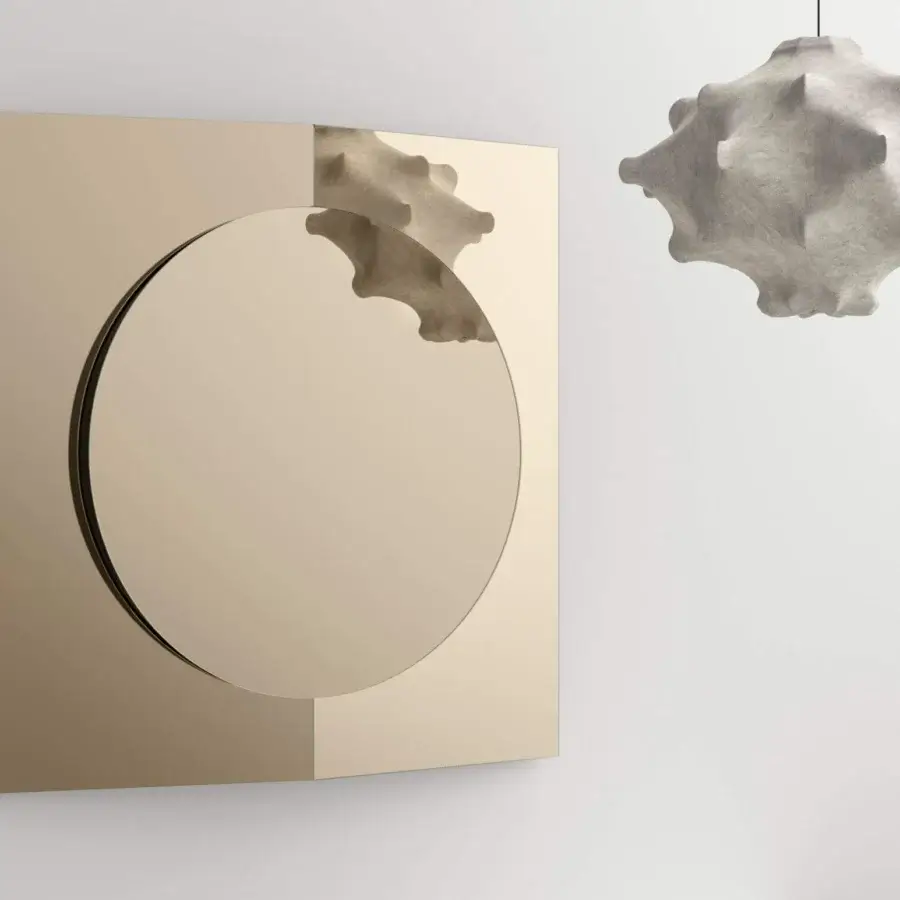 Superior Tonelli Design Central mirror with geometric reflective glass and glossy golden-toned frame crafted in Italy