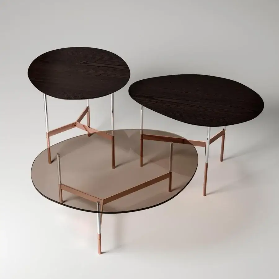 Exclusive Tonelli Design After9 coffee table with dark wood tops and contrasting glossy matte copper metal base