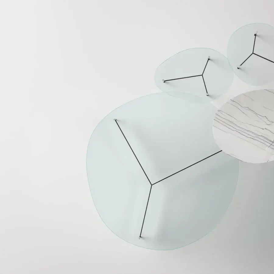Distinguished Tonelli Design After9 coffee table with light blue tinted glass and white marble featuring gray veining