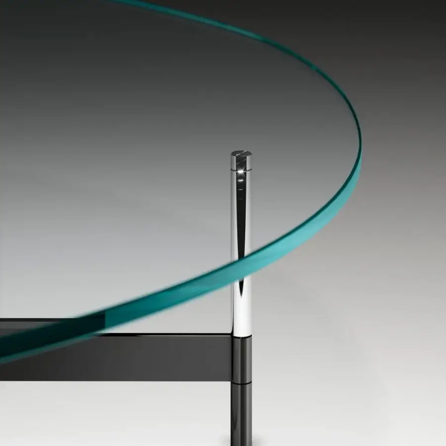 Exclusive Tonelli Design After9 coffee table with transparent glass and teal colored edge in glossy chrome and black finish