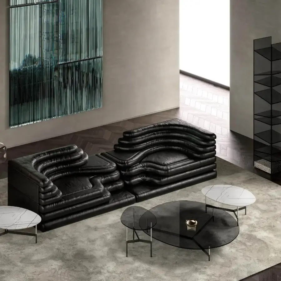 Exceptional Tonelli Design Hyperion floor lamp with transparent pyrex glass diffusers and gunmetal metallic structure