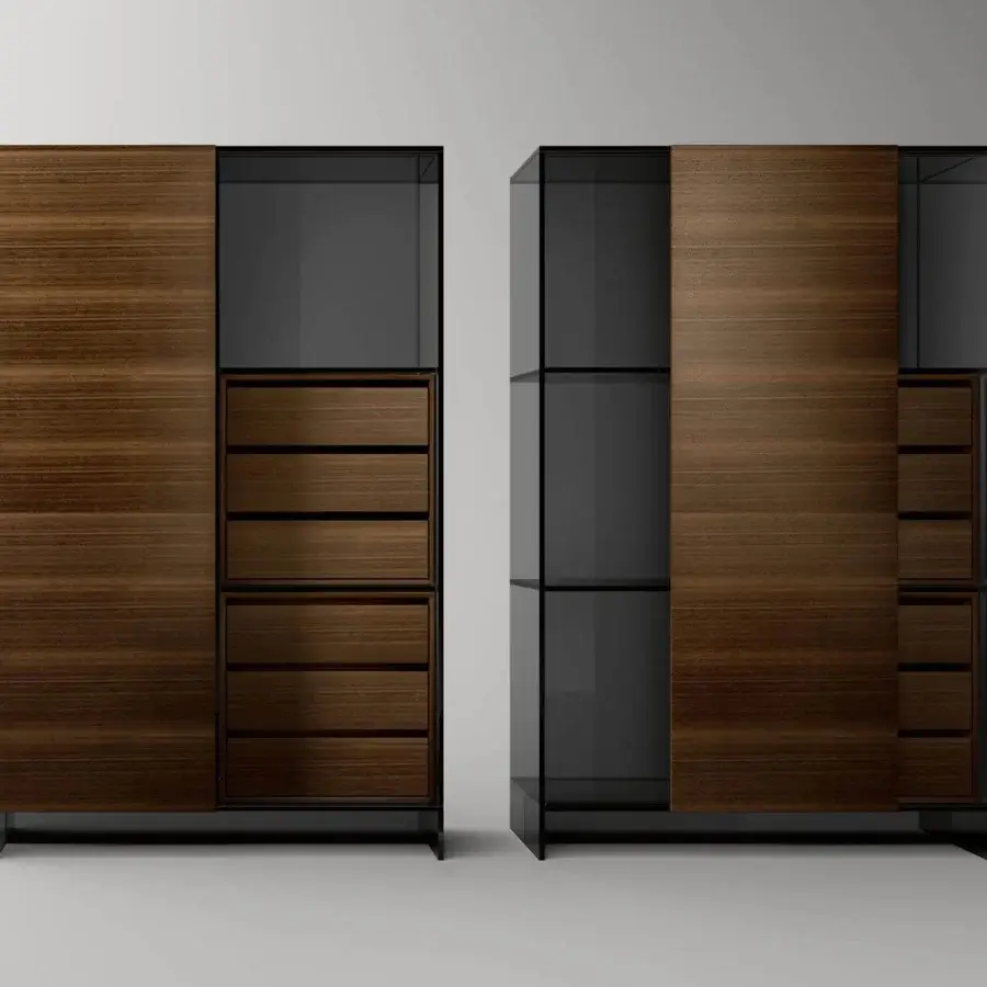 Distinguished Tonelli Design Shoji cupboard with smoked glass structure and Eucalipto wood sliding door
