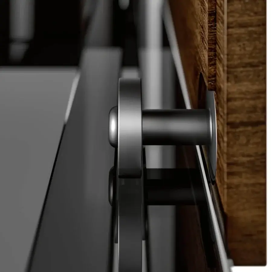 Exceptional Tonelli Design Shoji cupboard with smoked glass structure and Eucalipto wood sliding door showcasing a rich dark brown grain