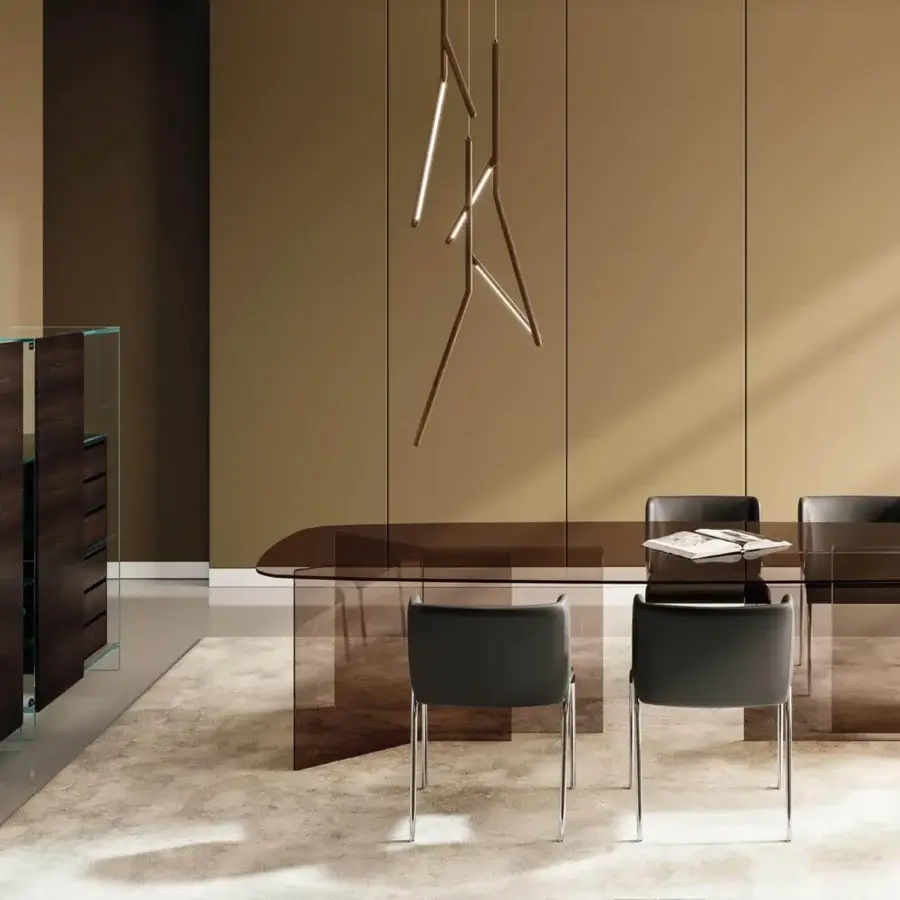 Elegant Tonelli Design Shoji cupboard with extra clear glass and Siberian Ash wood, exhibiting a dark brown finish