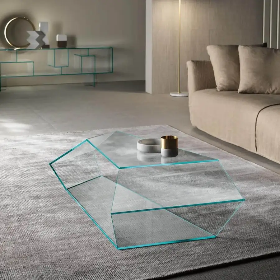 Innovative Tonelli Design Dekon coffee table with continuous transparent glass surface and subtle turquoise tint