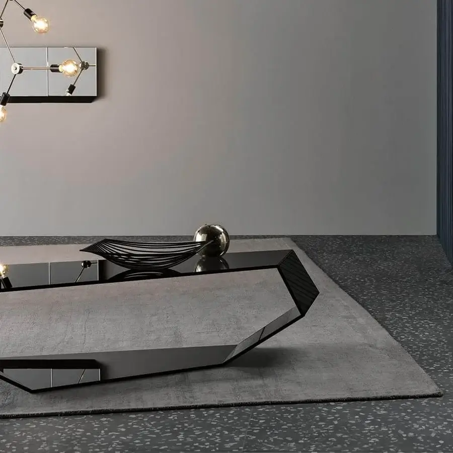 Distinguished Tonelli Design Dekon coffee table in smoked glass with glossy black finish and angular continuity