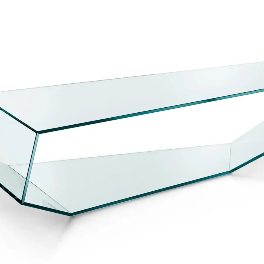 Exceptional Tonelli Design Dekon coffee table with angled transparent glass planes and seamless construction