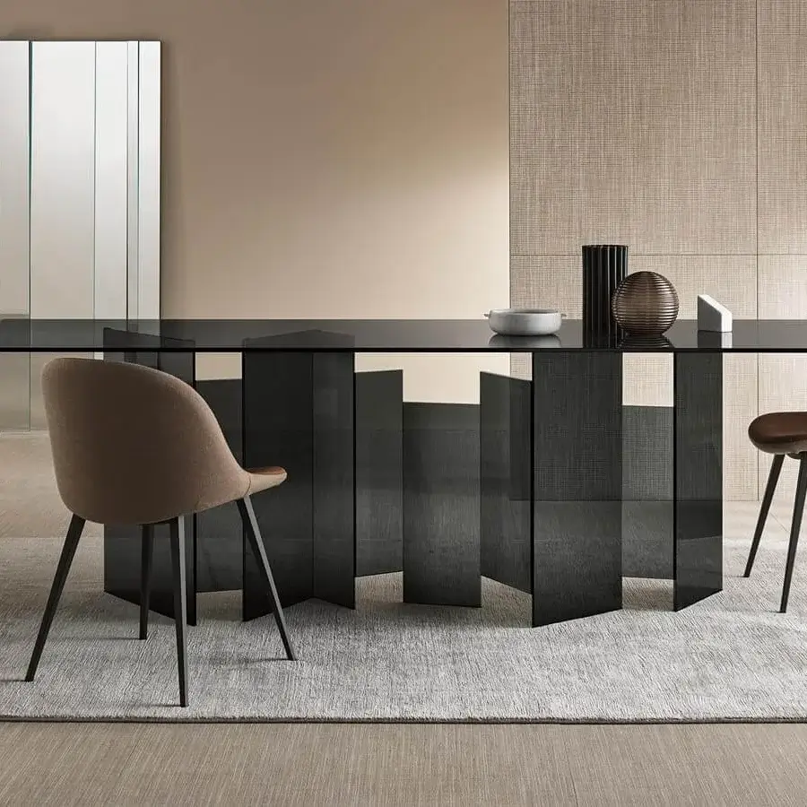 Architectural Tonelli Design Metropolis table with reflective glass top and vertically arranged extra-clear glass slabs