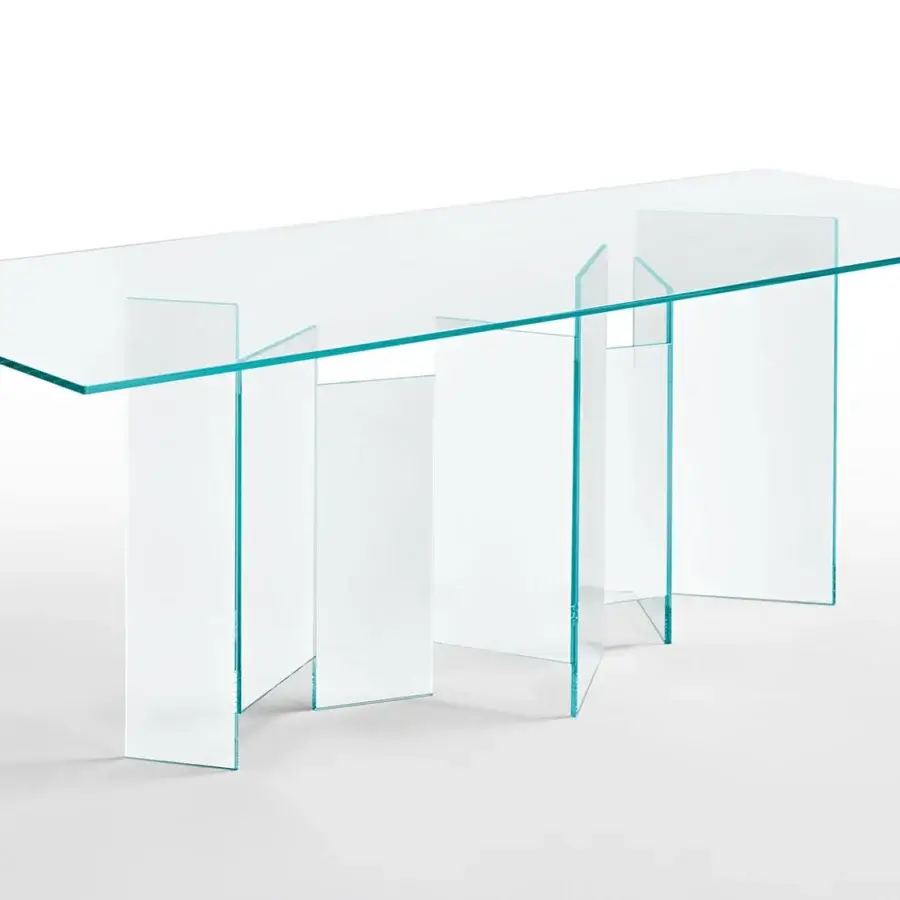 Distinguished Tonelli Design Metropolis table with clear glass top and five linear glass panels forming the base