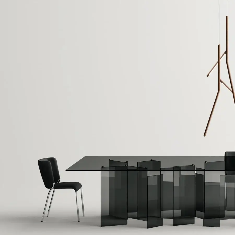Architectural Tonelli Design Metropolis table with extra-clear smoked glass base and dark gray glass top crafted in a contemporary finish
