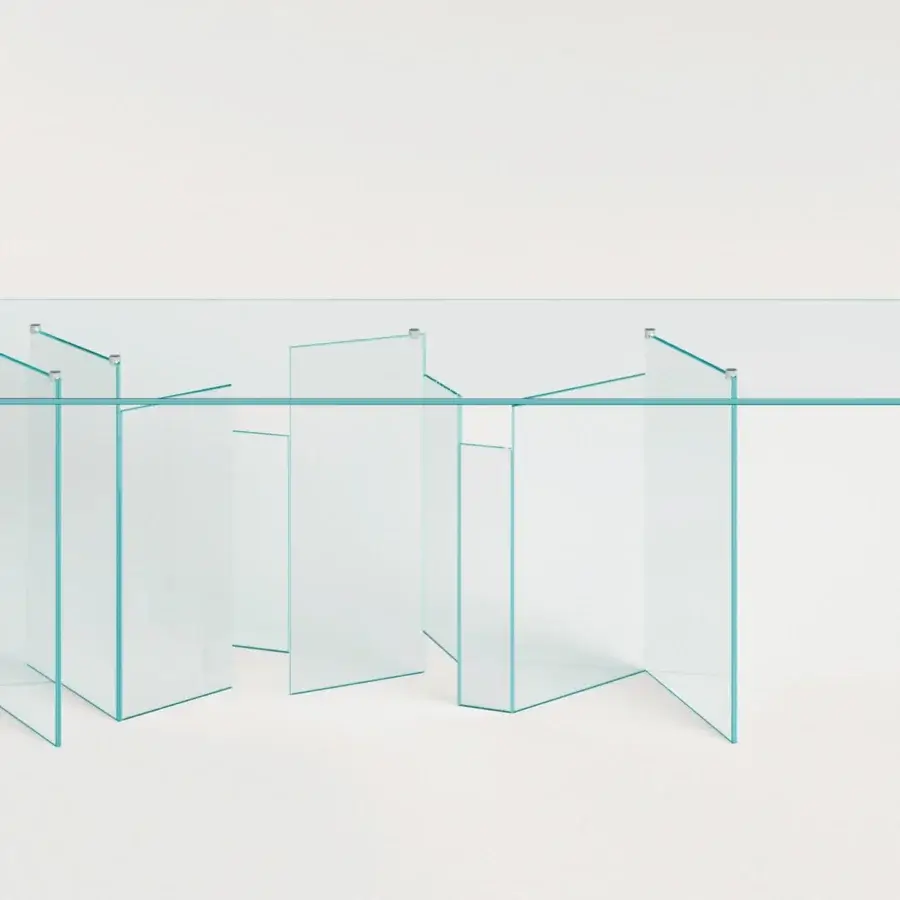 Captivating Tonelli Design Metropolis table with rectangular glass top and extra-clear teal-tinted glass slabs base