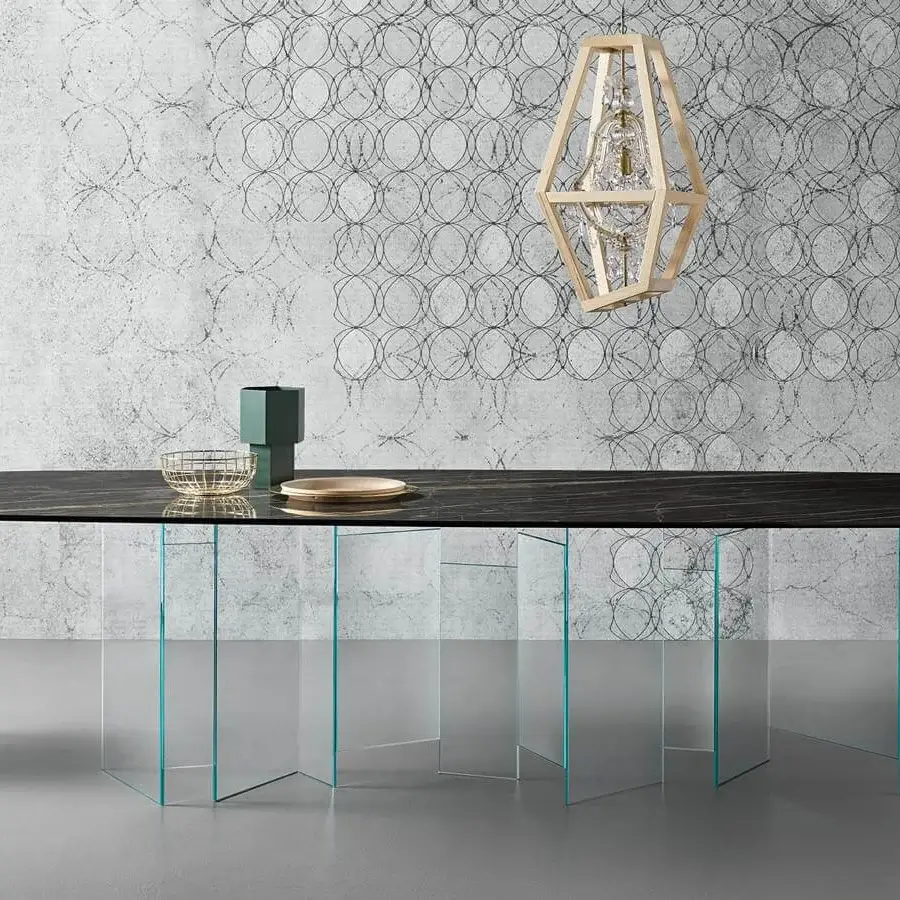 Captivating Tonelli Design Metropolis table with a dark matte ceramic top and extra-clear glass slabs built in a staggered formation