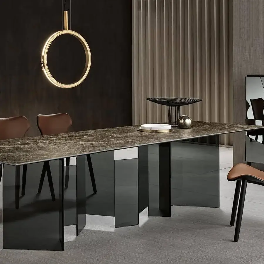 Elegant Tonelli Design Metropolis table with mottled dark brown and grey ceramic top and unique vertical glass panels