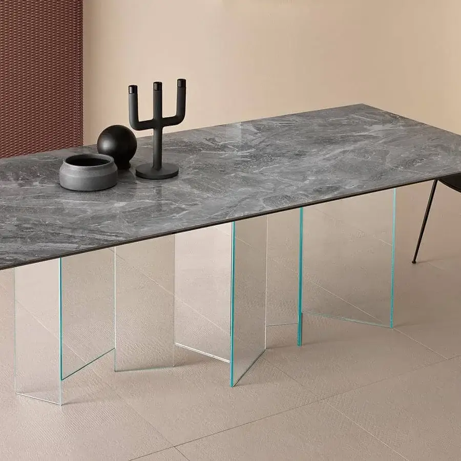 Exceptional Tonelli Design Metropolis table with a gray marble-like ceramic top and transparent glass slabs built as a base