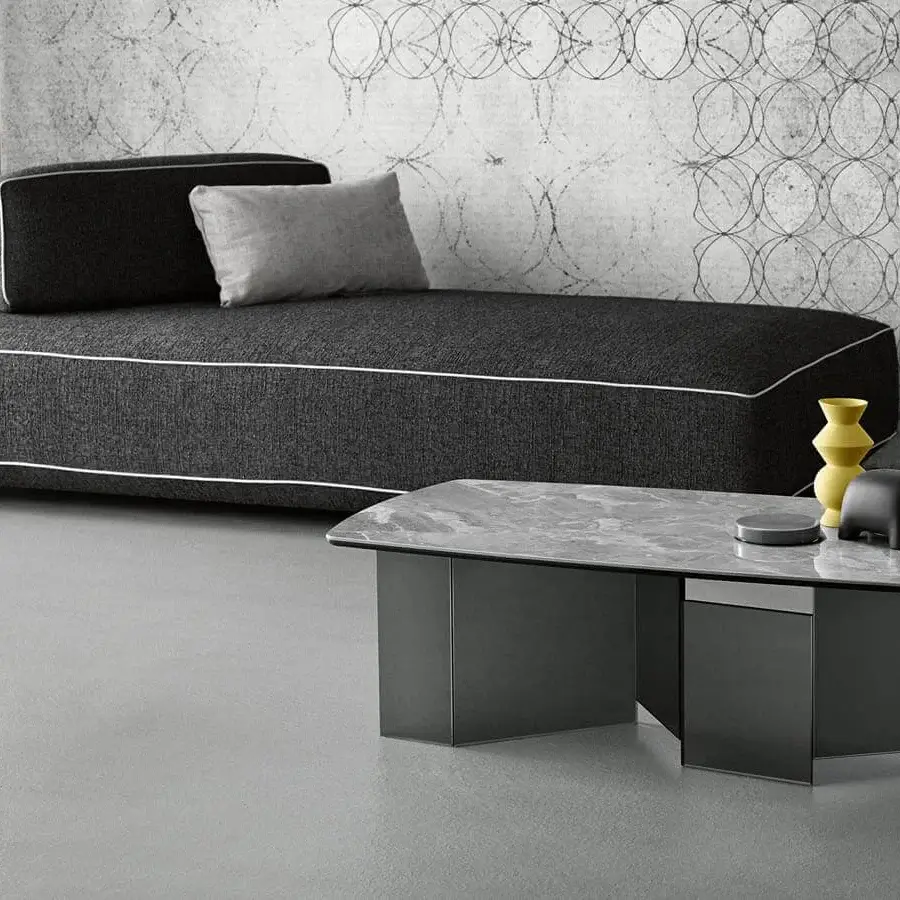 Distinguished Tonelli Design Metropolis coffee table with marbled grey glass top and vertically welded dark grey glass slabs