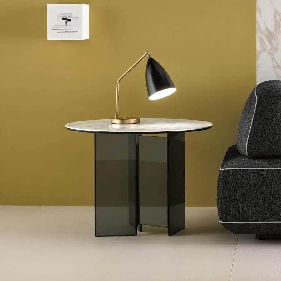 Exceptional Tonelli Design Metropolis side table with smoked glass base and marble-effect ceramic top exhibiting grey veining