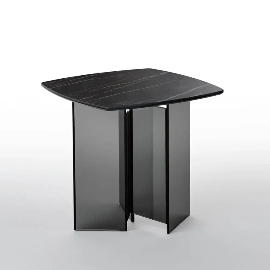 Architectural Tonelli Design Metropolis side table with a smoked glass base and subtly veined dark-toned square top