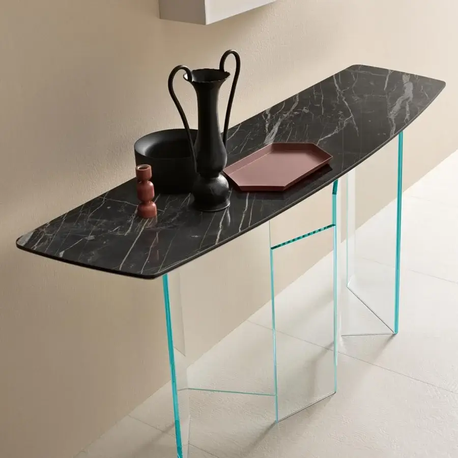 Elegant Tonelli Design Metropolis console with extra-clear glass base and black ceramic top displaying white and gold veining