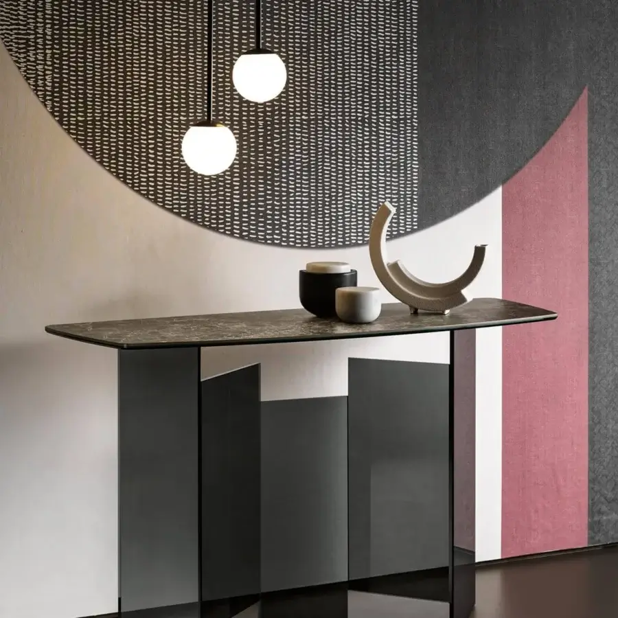 Distinguished Tonelli Design Metropolis console with extra-clear glass base and ceramic top in a muted gray palette