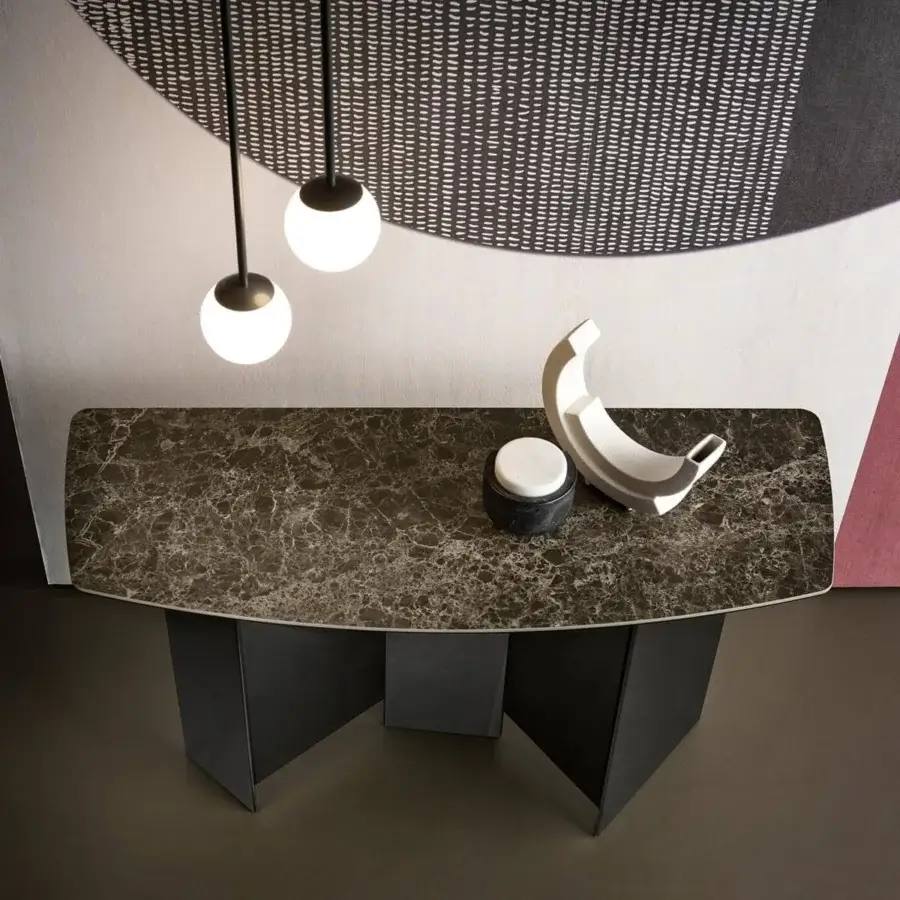 Exceptional Tonelli Design Metropolis console with welded extra-clear glass slabs and smooth marbled ceramic top in shades of brown and gray