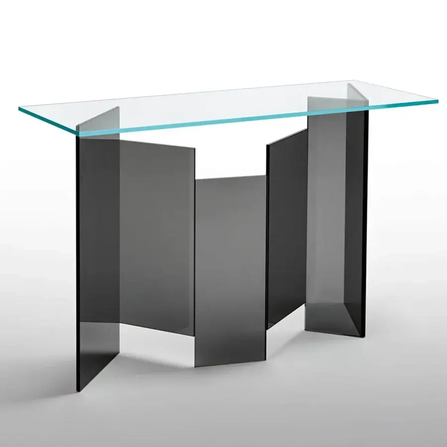 Captivating Tonelli Design Metropolis console with a smoked glass base and clear glass top exhibiting a dynamic geometric form