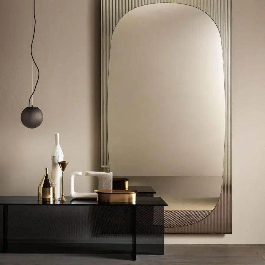Exclusive Tonelli Design Bands mirror with reeds-like effect glass and warm-toned bronze reflective surface