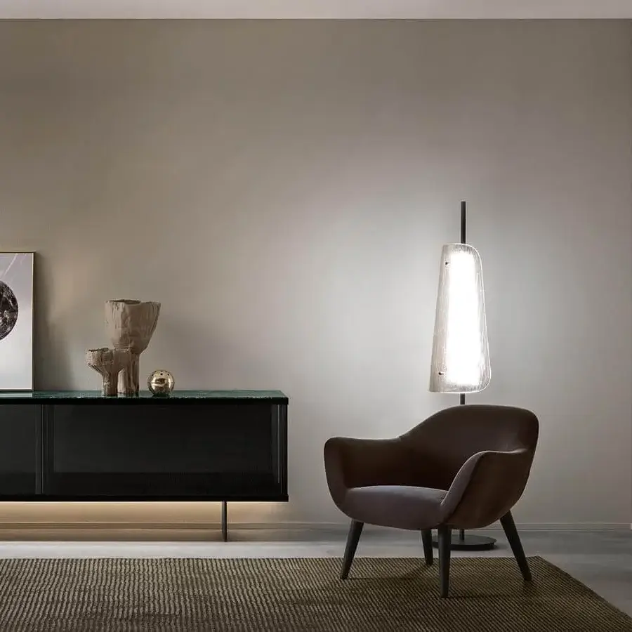Superior Tonelli Design Bands mirror with innovative reeds-like frame in tan satin finish reflecting depth