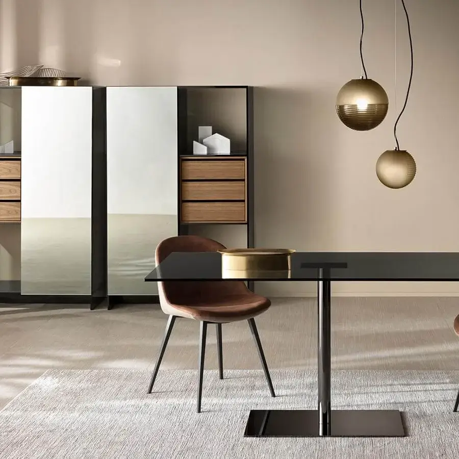 Distinguished Tonelli Design Farniente table with dark glass top and matching metal base crafted in Italy