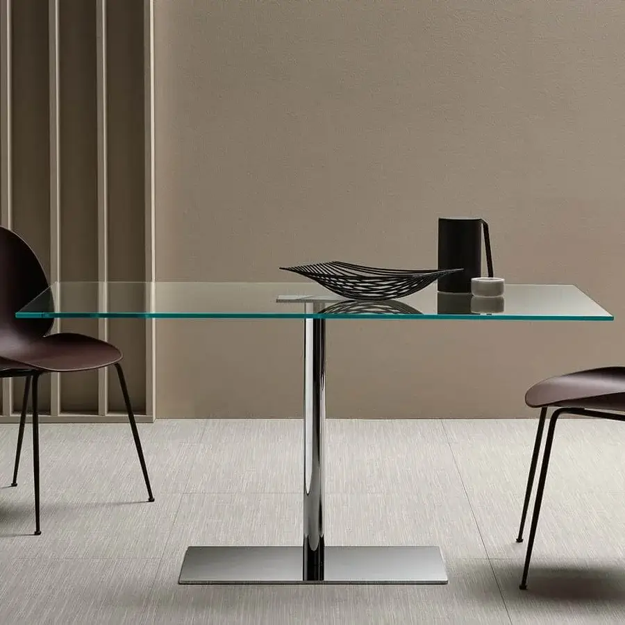 Exceptional Tonelli Design Farniente table with greenish glass top and sleek chrome finished metal base