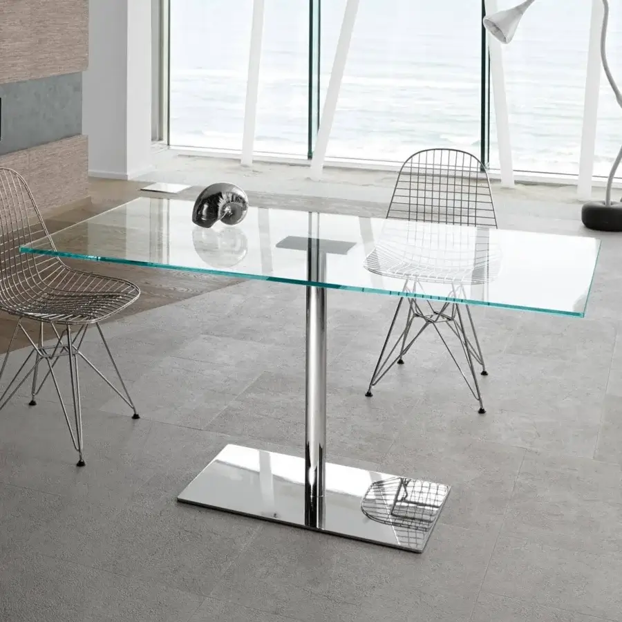 Elegant Tonelli Design Farniente table with rectangular glass top and cylindrical glossy metal base