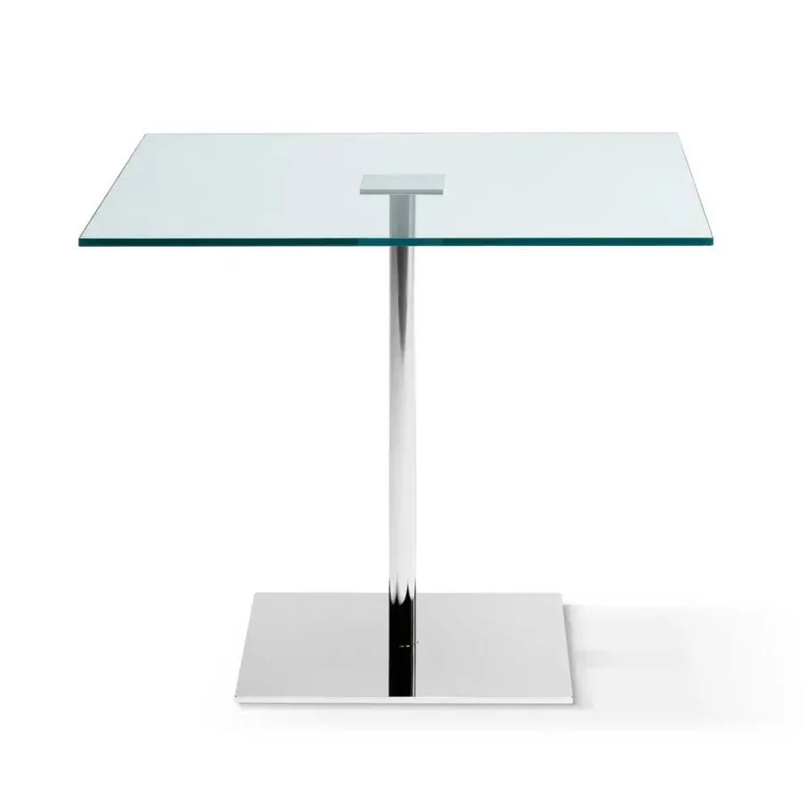 Distinguished Tonelli Design Farniente table with square glass top and sleek metal base in reflective finish