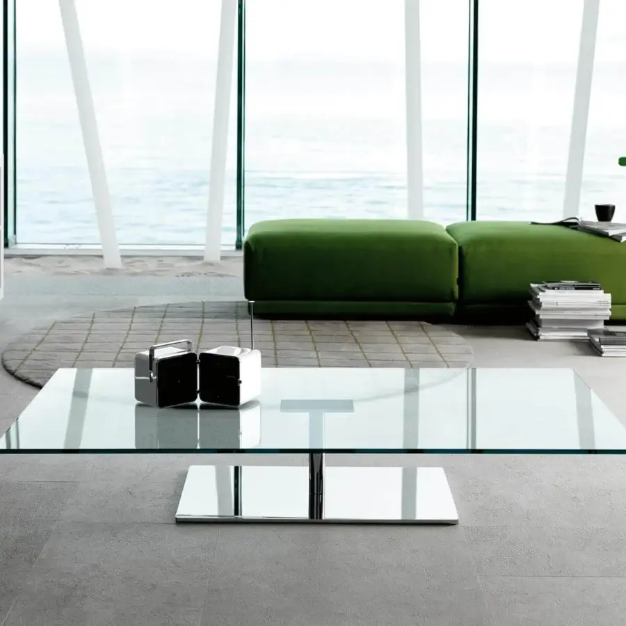 Elegant Tonelli Design Farniente table with rectangular clear glass top and mirrored silver metal base