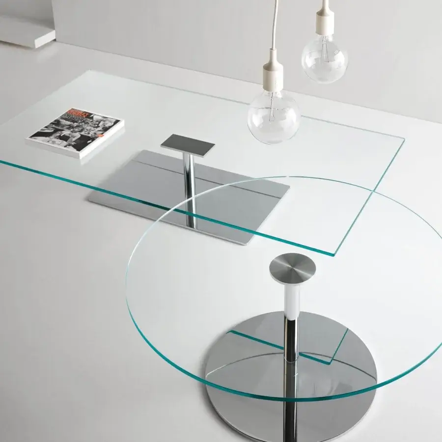 Superior Tonelli Design Farniente table with rectangular and circular glass surfaces built with polished metal bases