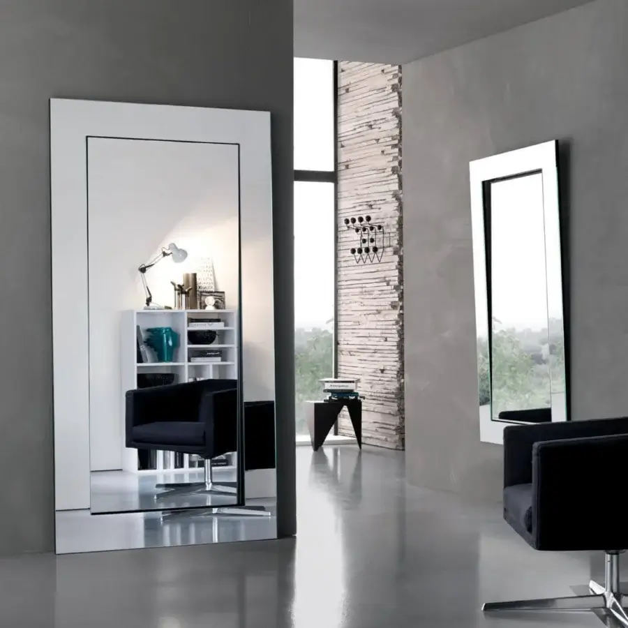 Sophisticated Tonelli Design Gerundio mirror with a large reflecting surface and sleek black frame with white border