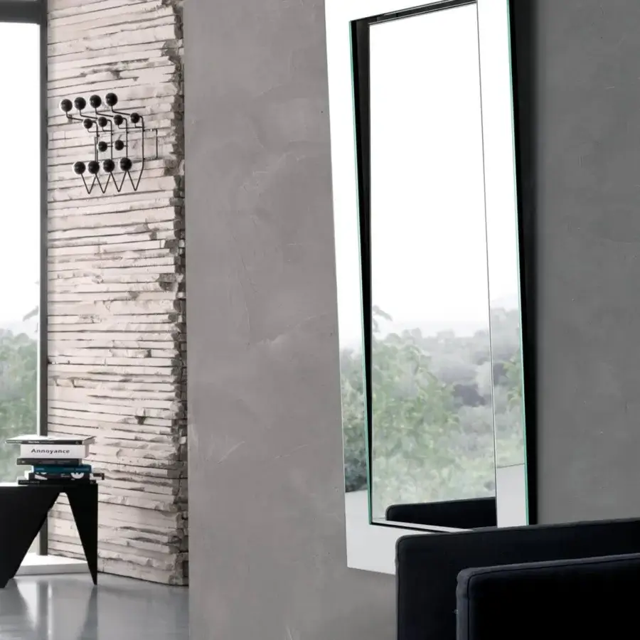 Distinguished Tonelli Design Gerundio mirror with a large reflecting surface framed in glossy white and a thin black border