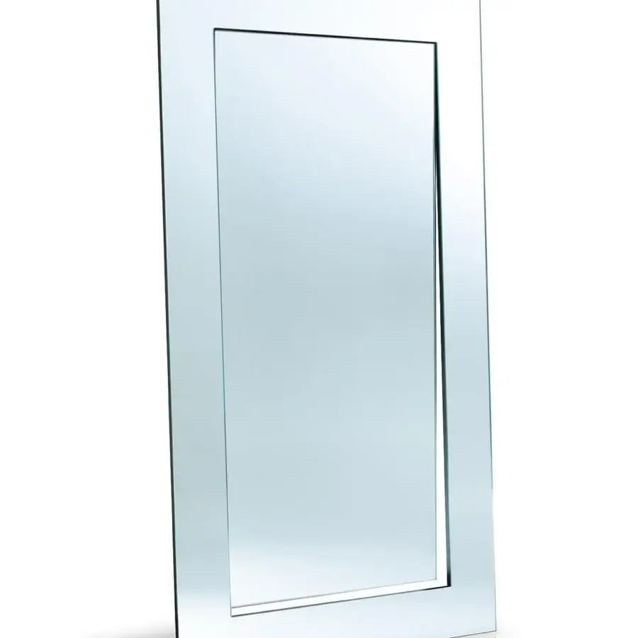 Exclusive Tonelli Design Gerundio mirror with a transparent glass frame and glossy finish reflecting light