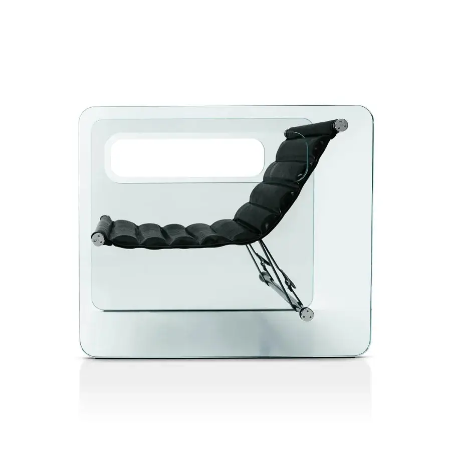 Superior Tonelli Design Naked lounge chair with transparent extra clear tempered glass and black leather seat
