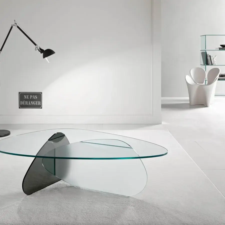 Distinguished Tonelli Design Kat coffee table with intersecting transparent, frosted and smoked glass plates plus matte dark base