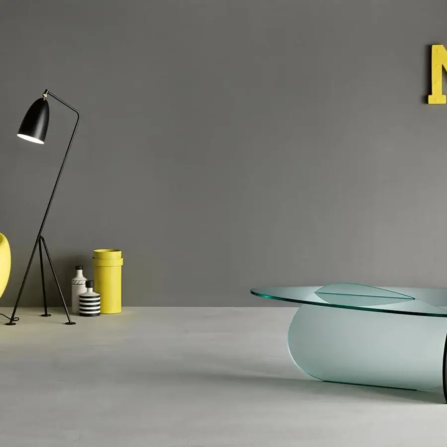 Exceptional Tonelli Design Kat coffee table with crossing transparent, light blue opaque and dark glass plates