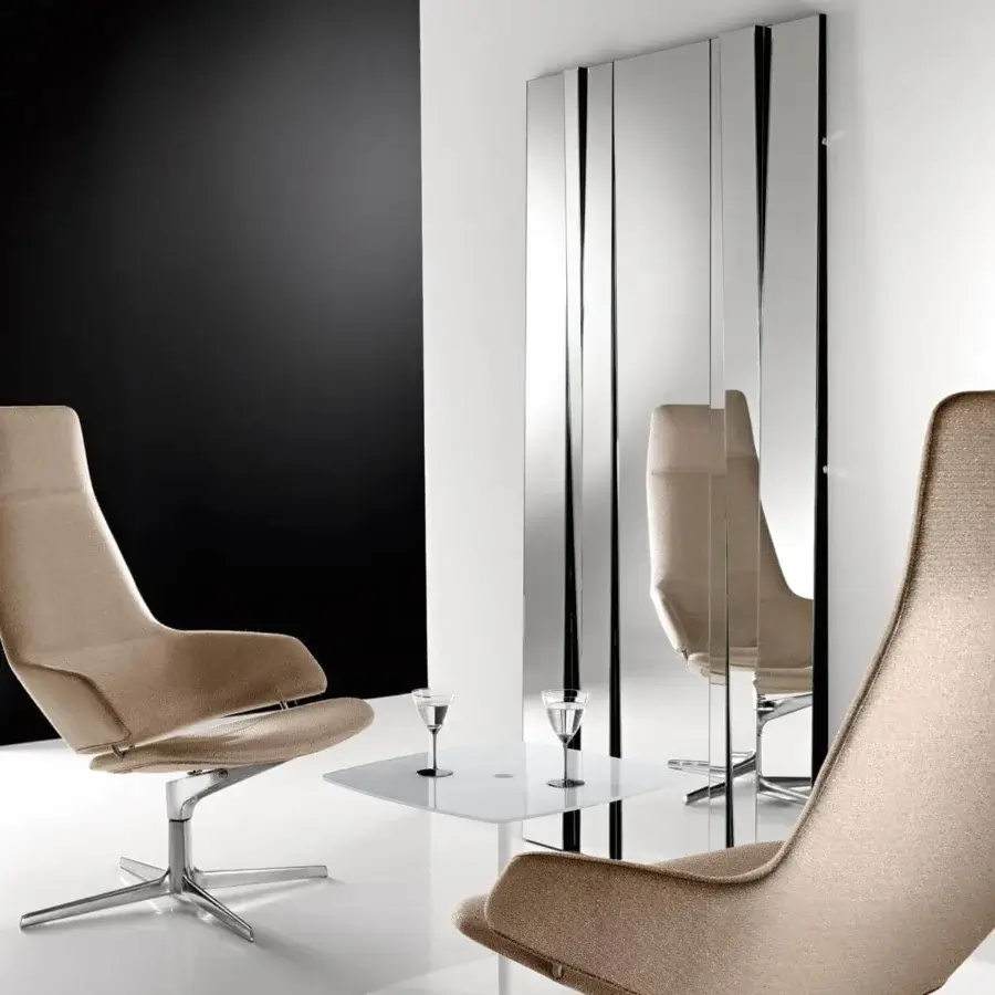 Distinguished Tonelli Design Fittipaldi mirror with parallel mirror panels in a matt black lacquered metal structure